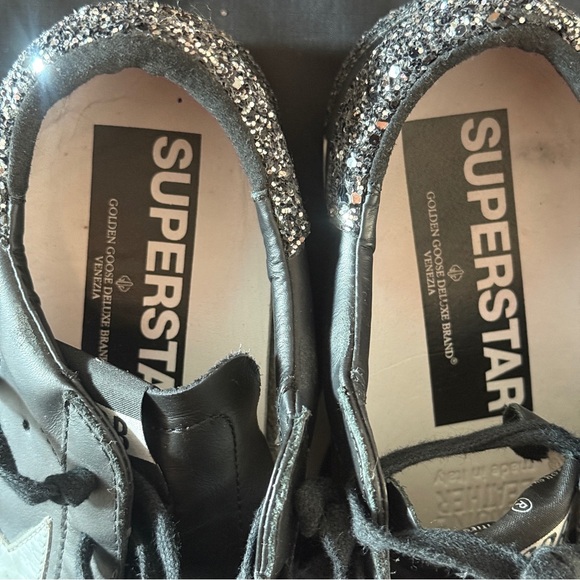 GOLDEN GOOSE SNEAKERS SUPERSTAR BLACK SILVER GLITTER HEEL SIZE 38 - Picture 11 of 13